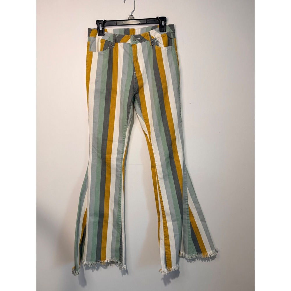 Saints & Hearts Striped Flare Jeans L Size10 Mustard Sage Grey Frayed Hem Retro